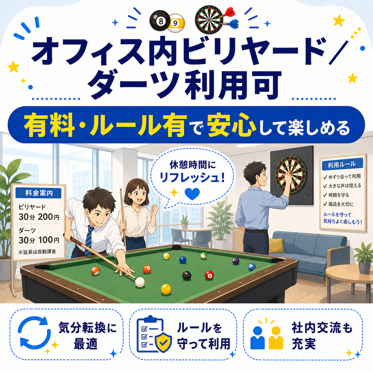 オフィス内のビリヤード台とダーツボード