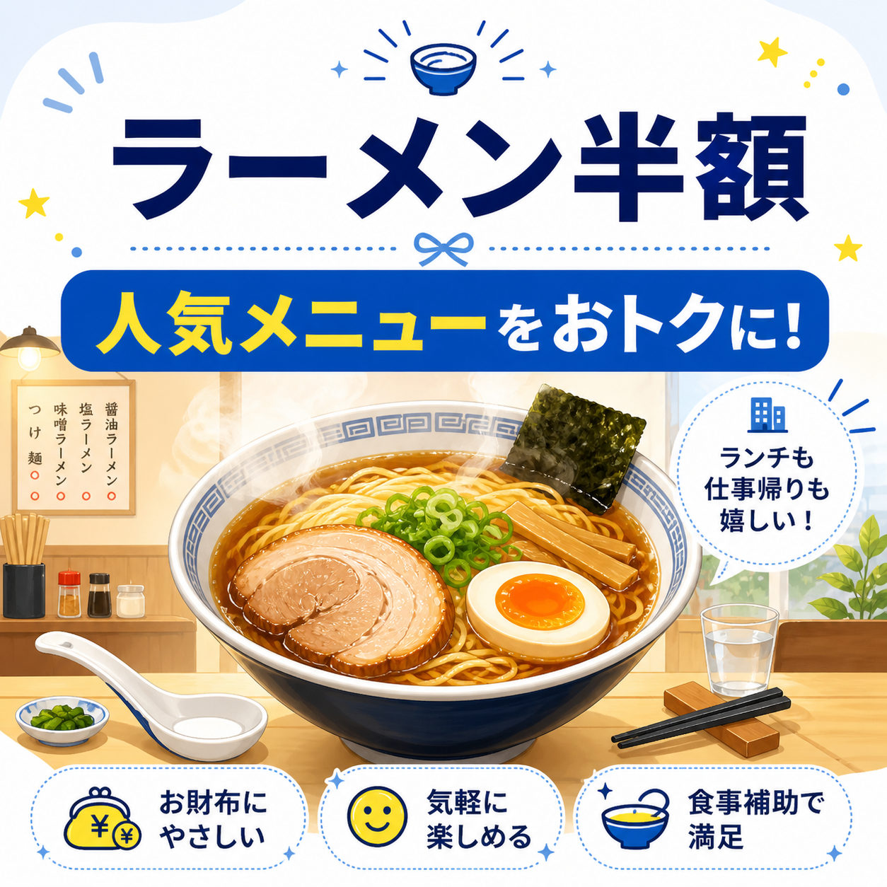 人気メニューのラーメンが半額